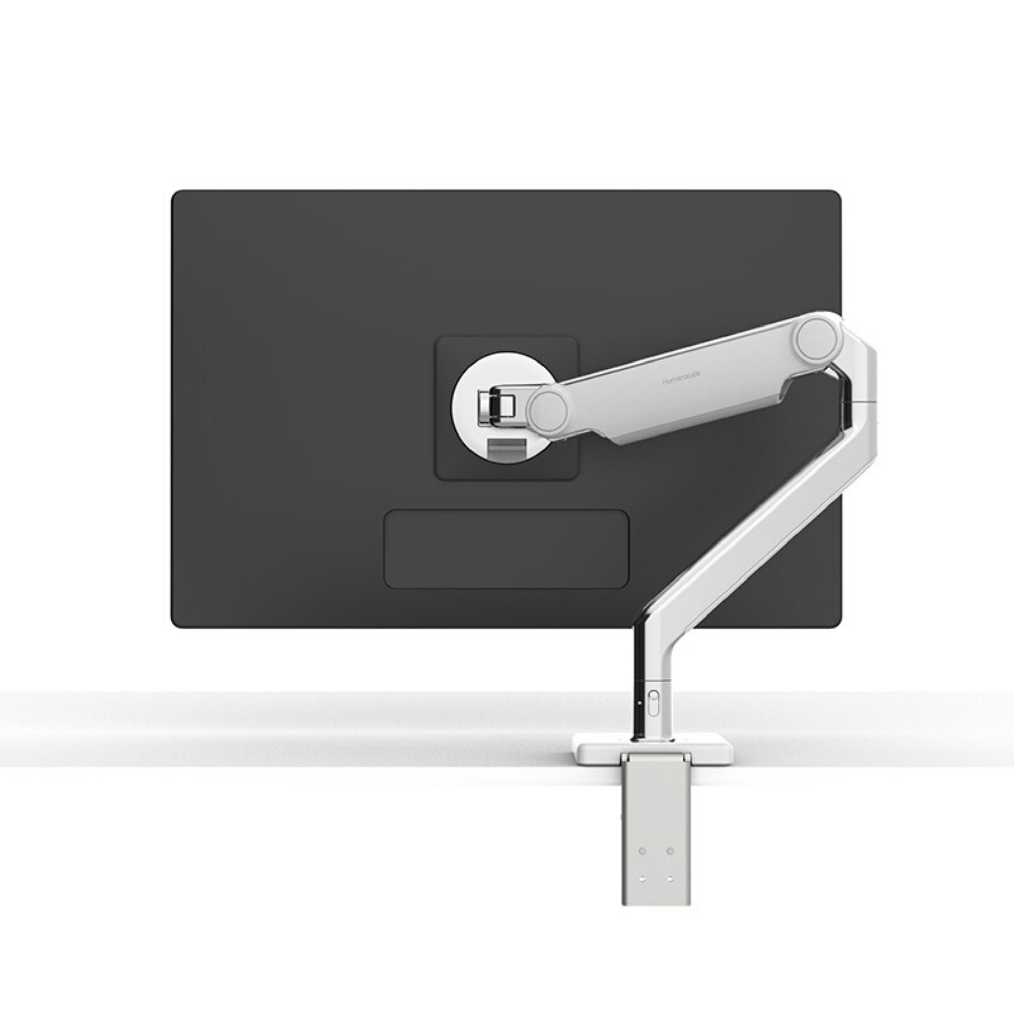 Back of a monitor on a white Humanscale M2.1 arm