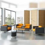 A modern office lounge setting featuring the H5140 modular sofa collection