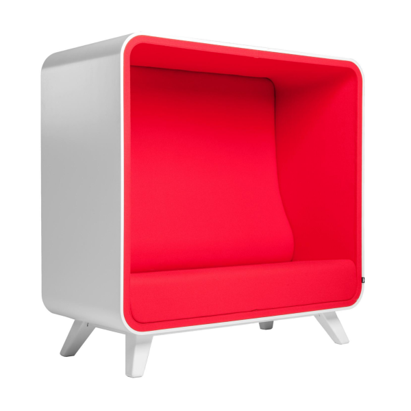 angled view red box sofa