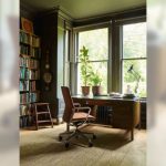 A brown leather Senator Qdos High Back Chair shown at a desk in a sophisticated home study with a large bookshelf and windows