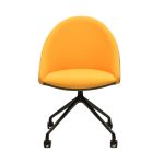 Front view of the Carmel Designer Chair, featuring a bright orange upholstered seat and a black 4-star swivel base with castors