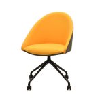 A three-quarter view of the Carmel Designer Chair with an orange upholstered seat and a black 4-star swivel base with castors