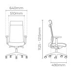 A technical line drawing showing the dimensions of the Surface high-back office chair (Type 2)