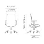 A technical drawing showing the front and side view dimensions of the Surface Mid Back Chair (LS)