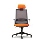Front view of the Surface High Back (LS) Type 1 chair, featuring an orange seat and headrest with a black mesh back