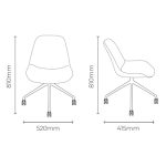 A technical drawing showing the front and side dimensions of the Vast Designer Chair with a 4-star swivel castor base