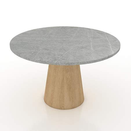 A modern, customized round meeting table featuring a grey, marble-patterned top and a tapered, light wood pedestal base.